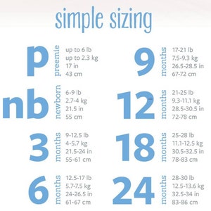 May include: A blue and white chart with the text "simple sizing" at the top. The chart shows different sizes for babies and toddlers in months and weight in pounds and kilograms. The chart also includes the corresponding height in inches and centimeters.