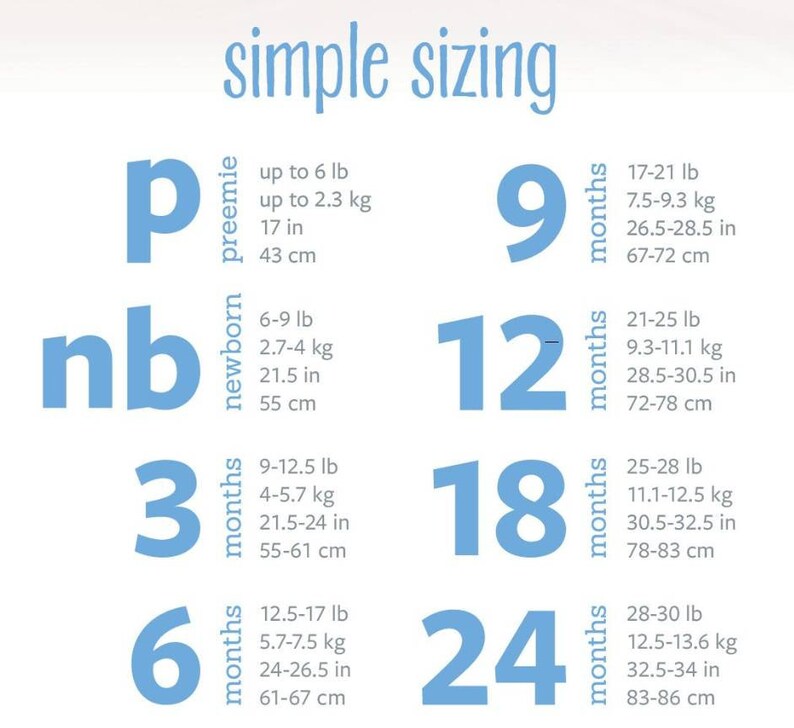 May include: A blue and white chart with the text "simple sizing" at the top. The chart shows different sizes for babies and toddlers in months and weight in pounds and kilograms. The chart also includes the corresponding height in inches and centimeters.