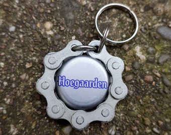 Key chain made from upcycled bicycle chain and a beer cap Hoogarden