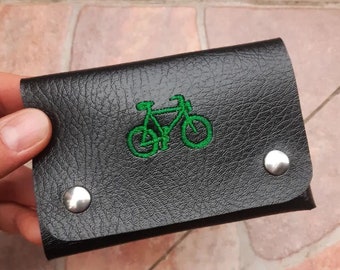 Portefeuille vegan minimaliste broderie vélo, couleur au choix