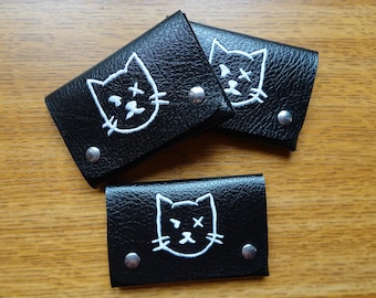 Vegan minimalist wallet with badass cat face embroidery