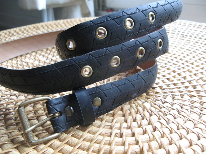 3cm wide Black belt made from a recycled bike tire with eyelets
