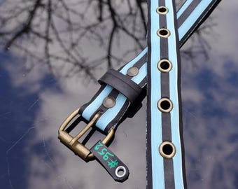 Light blue and black belt made from upcycled bicycle tire - 2,7cm wide