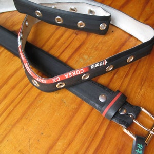 3cm wide Black belt made from a recycled bike tire with eyelets