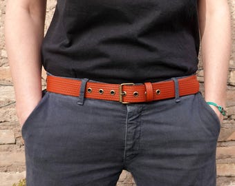 Brick-red belt made from fire hose