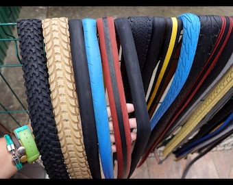 Upcycled straps : carefully washed and cut bicycle tire strips – for DIY projects