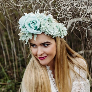 Mint flower crown, Green headband, Bridal floral tiara, Wedding hair wreath, Hair flowers, Bridesmaid crown, Eucalyptus crown image 4