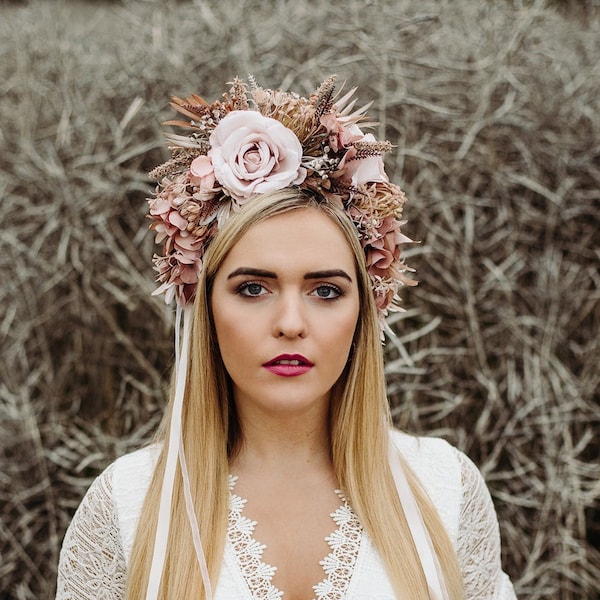 Couronne de fleurs royales, Coiffe de mariée, Bandeau de fleurs beiges, Couronne d’accessoires photo, Couronne de fleurs naturelles, Couronne de fleurs d’automne, Couronne d’automne