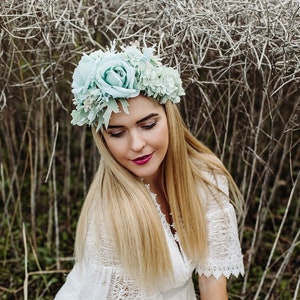Mint flower crown, Green headband, Bridal floral tiara, Wedding hair wreath, Hair flowers, Bridesmaid crown, Eucalyptus crown image 1