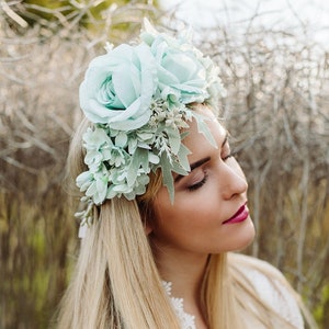 Mint flower crown, Green headband, Bridal floral tiara, Wedding hair wreath, Hair flowers, Bridesmaid crown, Eucalyptus crown image 2