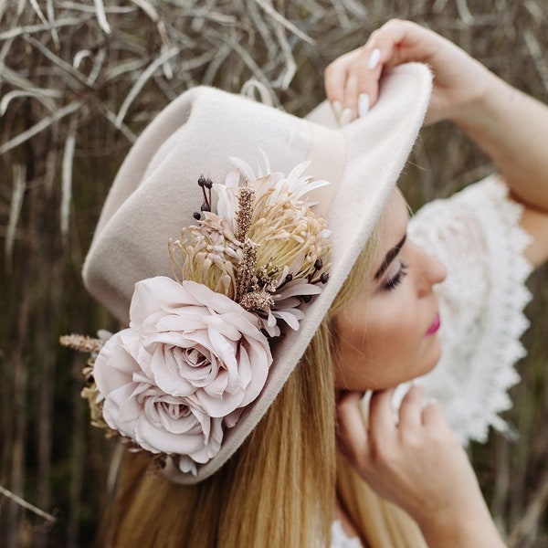 Fedora hat, Felt Fedora ha with Rose Flower Crown, Rustic Headpiece, Rustic Bride Hat, Wedding Hair Wreath, Derby hat, flower crown