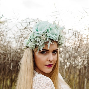 Mint flower crown, Green headband, Bridal floral tiara, Wedding hair wreath, Hair flowers, Bridesmaid crown, Eucalyptus crown image 3