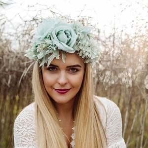 Mint flower crown, Green headband, Bridal floral tiara, Wedding hair wreath, Hair flowers, Bridesmaid crown, Eucalyptus crown image 6