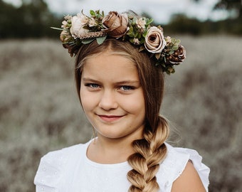 Brown flower crown, rose flower crown, Hair wreath, Girl hairpiece, Girl flower crown, Rustic crown,  Boho crown, baby breath crown
