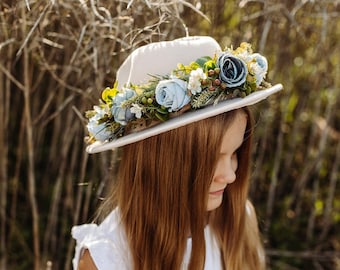 Fedora hat, Felt Fedora hat with Dusty blue Flower Crown Wedding girl, Girl rose crown, Floral Crown, Rose hat, Rose flower Hat