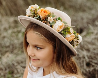 Fedora hat, Girl Fedora hat with Peach Flower Crown girl, Girl rose crown, Floral Crown, Rose hat, Rose flower Hat, Wedding Hair Wreath