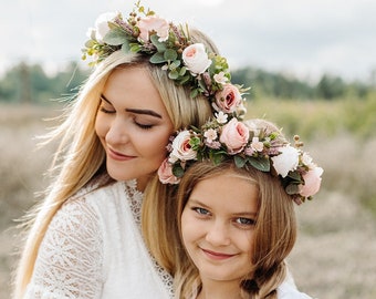 Pink rose flower crown, Mother Daughter headband, Flower headpiece, Fairy crown, Bride crown, White rose crown