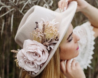 Fedora hat, Felt Fedora ha with Rose Flower Crown, Rustic Headpiece, Rustic Bride Hat, Wedding Hair Wreath, Derby hat, flower crown