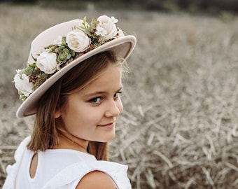 Fedora hat, Felt Fedora hat with White Flower Crown girl, Girl rose crown, Floral Crown, Rose hat, Rose flower Hat, Wedding Hair Wreath