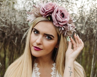 Braid flower crown, Bridal headband, Bridal floral tiara, Wedding hair wreath, Hair flowers, Bridesmaid crown, Eucalyptus crown