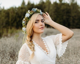 Rose flower crown, Flower crown, Dusty blue flower crown, bridal crown, rustic wedding, boho wedding, maternity photo shoot, bride crown