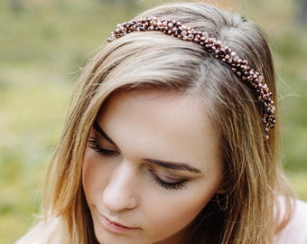 Bronze pearl headband, bridal halo crown, Bride headband, Bronze headband, boho hair crown, bohemian headband, simplistic crown