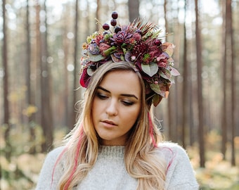 Midsommar flower crown, Red burgundy flower crown, Succulent headband, Floral hairpiece, Bridal crown, Wedding flower crown, Fairy crown