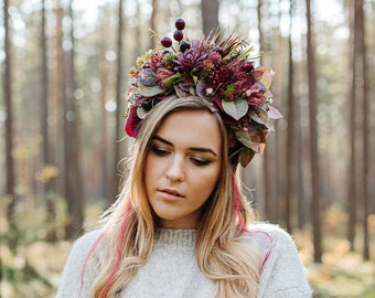 Midsommar flower crown, Red burgundy flower crown, Succulent headband, Floral hairpiece, Bridal crown, Wedding flower crown, Fairy crown