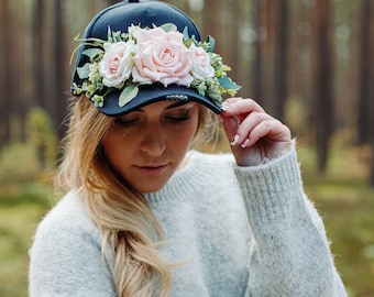 Navy bucket hat, Hat with flowers, Baseball Hat for Women, Fitted hat with flowers, Sun hat with flowers, Party hat, Festival hat