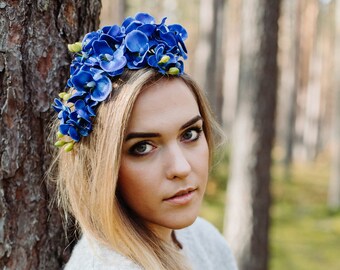 Royal Blue Electric Blue Orchid Flower Feather Fascinator Headband Hairband 0528