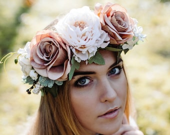 Rustic flower crown, Bride headband, Bridal hair wreath, Wedding flower halo, Flower girl crown, Brown crown, festival headpiece