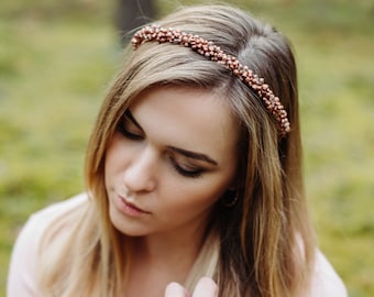 Copper pearl crown, Braided headband, Pearl headband, Wedding tiara, Jewel headband, boho hair crown, bohemian headband, simplistic crow