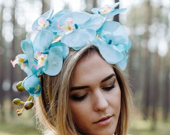 Blue headpiece, Orchid headband, Fall flower headband, Floral Fascinator, Headband marriage, Flower crown. Boho wedding, Bride headpiece