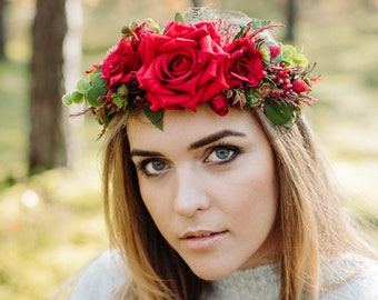 Red rose flower crown, Rose headband, Bridal floral tiara, Wedding hair wreath, fall flower crown, Bridesmaid crown, Maternity, LaCrown