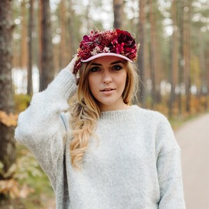 Burgundy flower crown, Baseball hat, Burgundy flowers, Hat with flowers, Pink hat, Snap back hat, Wreath on hat, Party hat, flower crown image 3