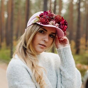 Burgundy flower crown, Baseball hat, Burgundy flowers, Hat with flowers, Pink hat, Snap back hat, Wreath on hat, Party hat, flower crown image 1