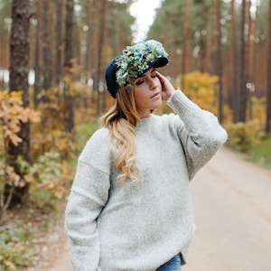 Blue hat with flowers, Snap back, Baseball Hat Women, Green flower crown, Festival Party flower hat, Peony flower crown, Navy Bling Hat