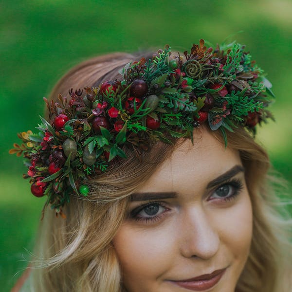 Greenery crown, Wood wreath, Midsommar flower crown, Flower crown headband, Red berry wreath, Leaf crown, Woodland crown