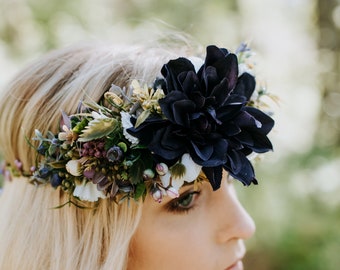Dark purple flower crown, Greenery floral crown, Wedding hair wreath, Bridal headpiece, Boho Bridesmaid floral crown, Leaves headband
