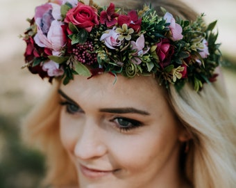 Pink Flower crown,wedding flower crown, boho flower crown, gift for her, bridesmaid gift, fascinator, hair accessories, Fuchsia crown