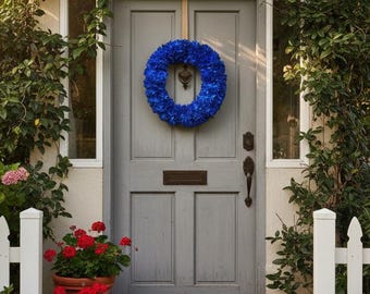 Bright Blue Cornflower Wreath for Front Door – Floral Door Decoration, Blue Flower Wreath, Cottage Garden Decor, Year-Round Outdoor Wreath