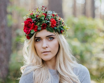 Large flower crown, Red floral crown, Flower halo, Wedding flower crown, Floral head wreath, Roses flower crown, Boho hair accessories