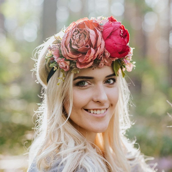 Bandeau de fleur de vin, couronne de fleur de pivoine de Bourgogne, Marsala Flower girl, Couronne de fleurs de mariée, Halo de mariage, Coiffe de demoiselle d’honneur, Woodland