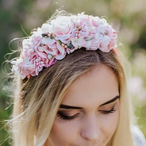 Floral hair wreaths, Pink rose flower headpiece, Nest headband, Pink wedding, Boho floral crown, Fall wedding, Tiny buds and leaves