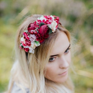 Burgundy flower crown, Ivory headband, Side Flower headband, fall headband, Burgundy wedding, Bridal hairpiece, Deep red headband image 1