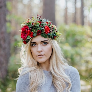 Coroa de flores grandes, coroa floral vermelha, halo de flores, coroa de flores de casamento, coroa de flores de cabeça floral, coroa de flores de rosas, acessórios de cabelo Boho