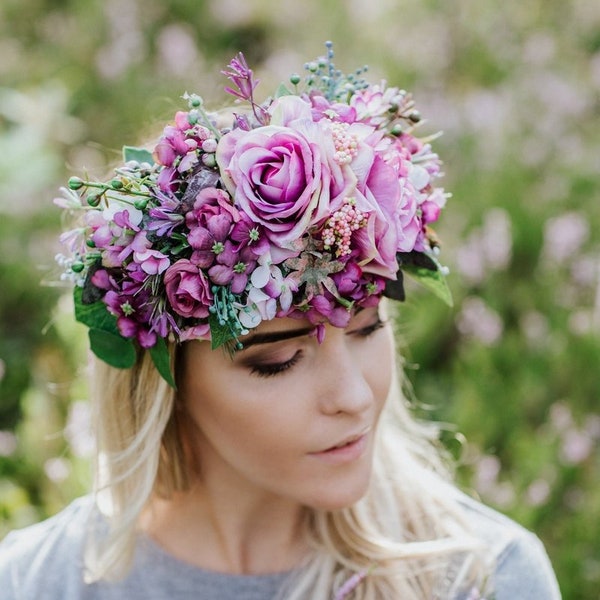 Couronne de fleurs Midsommar, Coiffe rose pourpre, Bandeau tressé, Grande coiffe de fleurs, Couronne de mariée, Couronnes de cheveux florales, Tête Boho