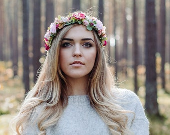 Corona de la flor, corona de la flor de la boda, corona de la flor de la novia, corona de la flor rosa, pelo de la novia, damas de honor, corona del Boho, corona de Boho