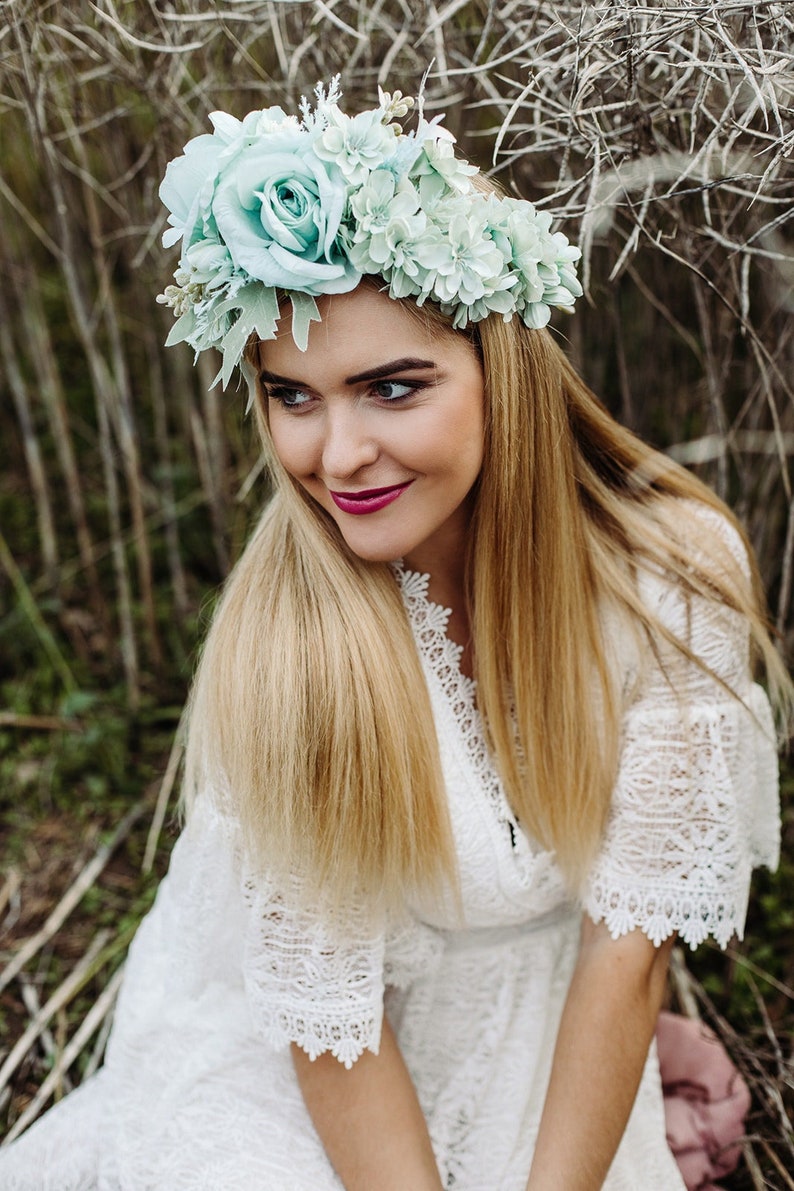 Mint flower crown, Green headband, Bridal floral tiara, Wedding hair wreath, Hair flowers, Bridesmaid crown, Eucalyptus crown image 4