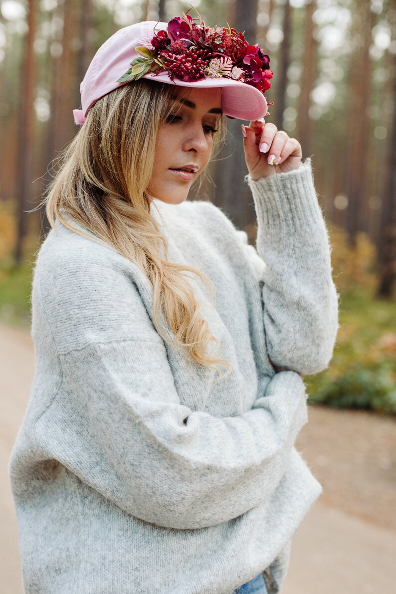 Burgundy flower crown, Baseball hat, Burgundy flowers, Hat with flowers, Pink hat, Snap back hat, Wreath on hat, Party hat, flower crown image 5